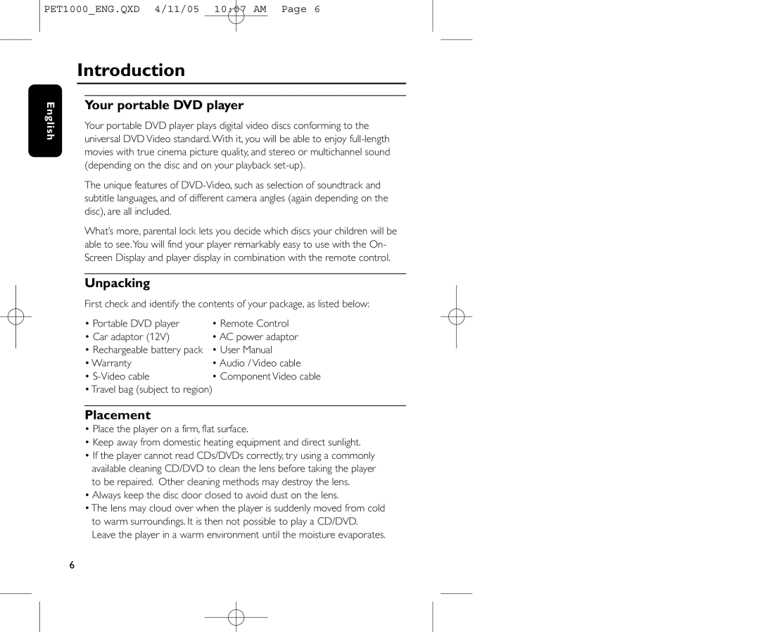 Philips PET1000/00 user manual Introduction, Your portable DVD player, Unpacking, Placement 