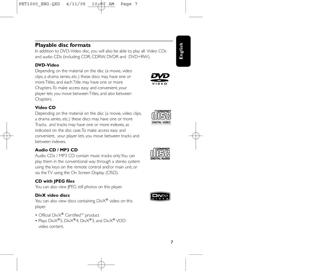 Philips PET1000/00 user manual Playable disc formats 