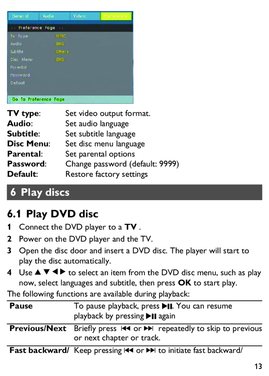 Philips PET100/12 user manual Play discs, Play DVD disc, Pause 