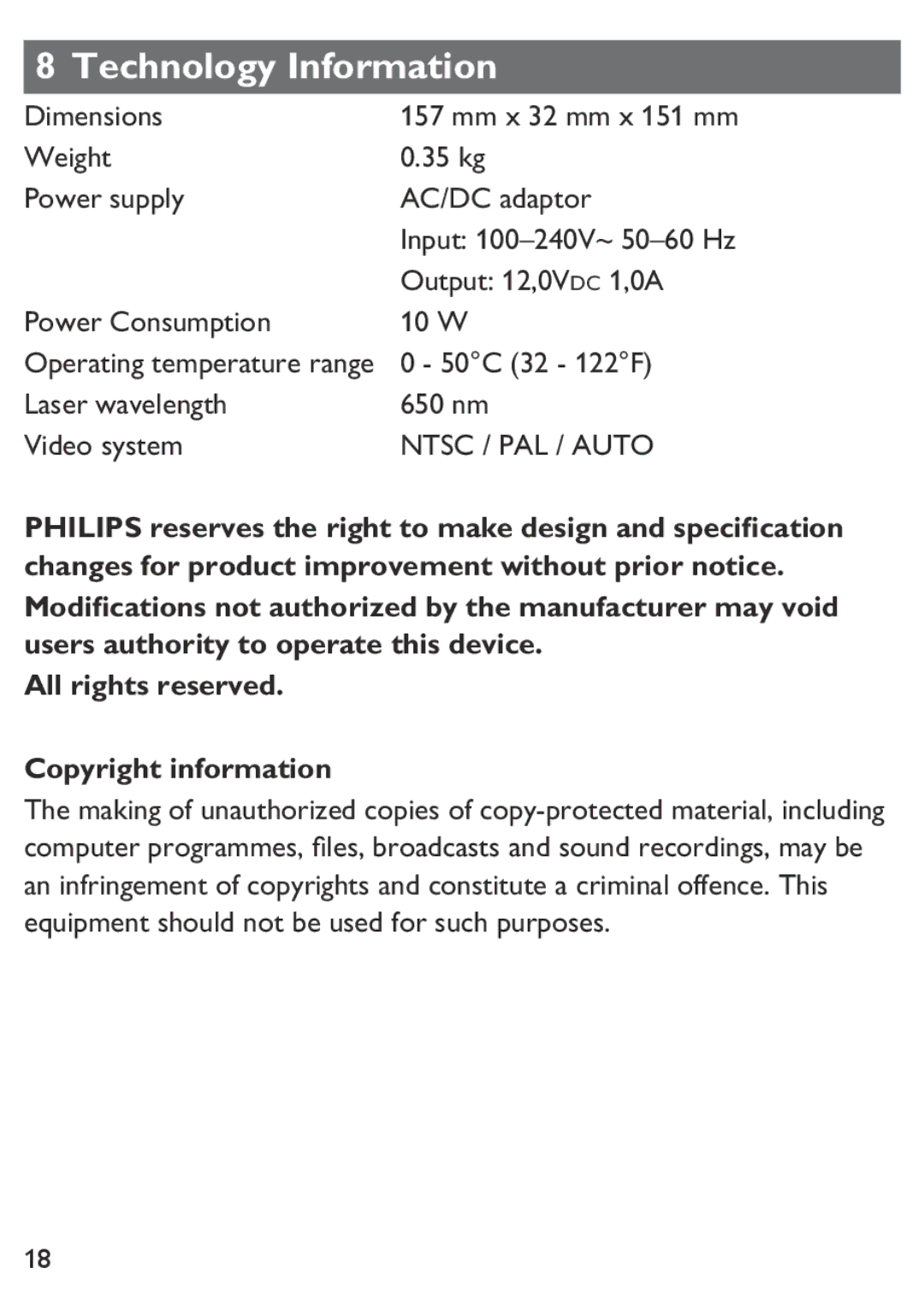 Philips PET100/12 user manual Technology Information, All rights reserved Copyright information 