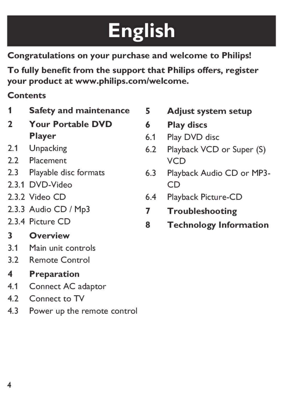 Philips PET100/12 Your Portable DVD Player, Overview, Preparation, Play discs, Troubleshooting Technology Information 