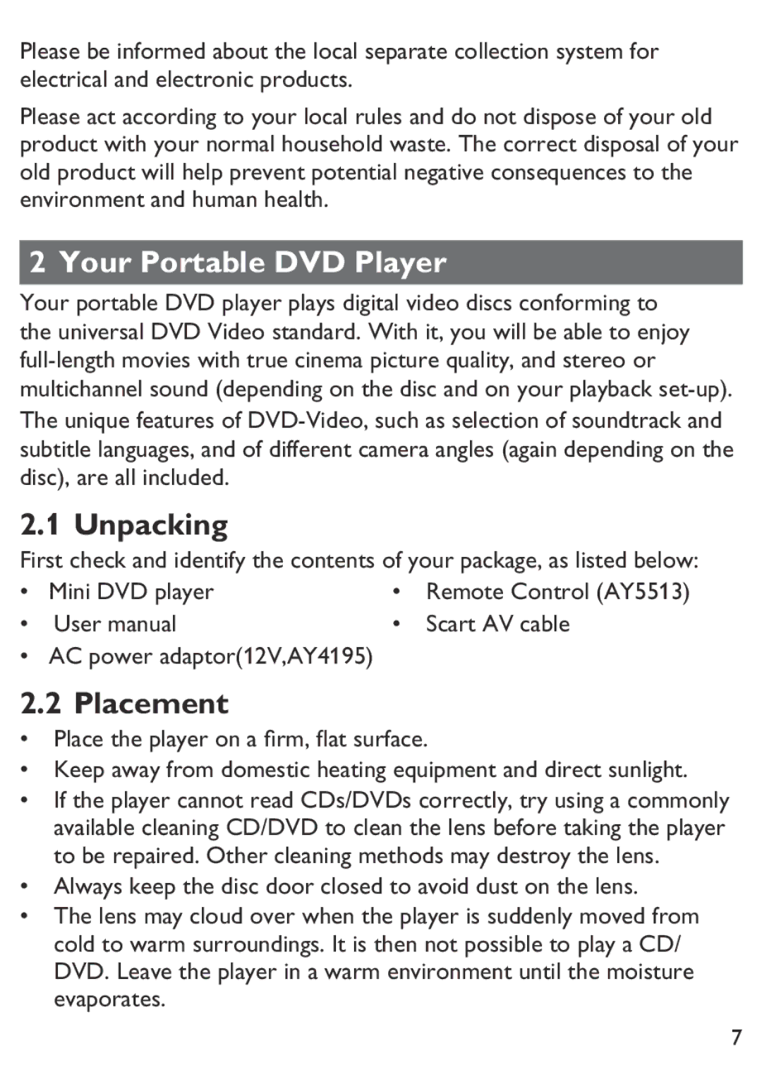 Philips PET100/12 user manual Your Portable DVD Player, Unpacking, Placement 