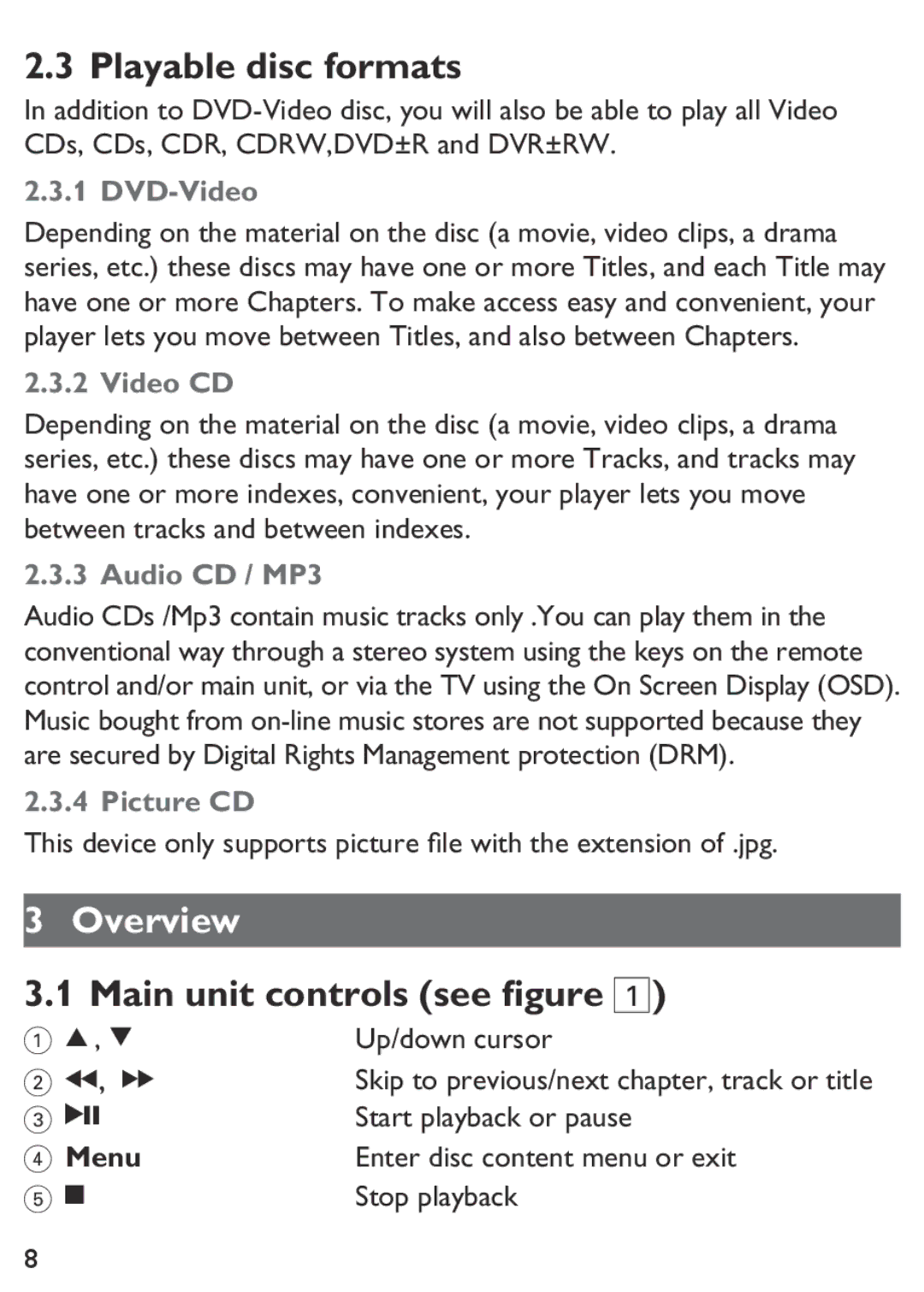 Philips PET100/12 user manual Playable disc formats, Overview, Main unit controls see figure, Menu 