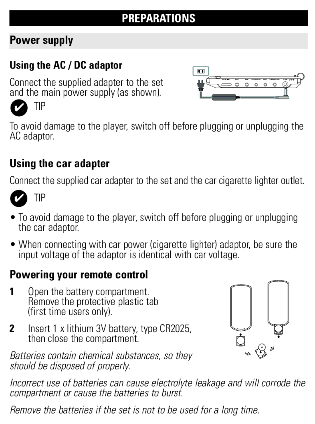 Philips PET1002 user manual Preparations, Power supply, Using the car adapter, Powering your remote control 