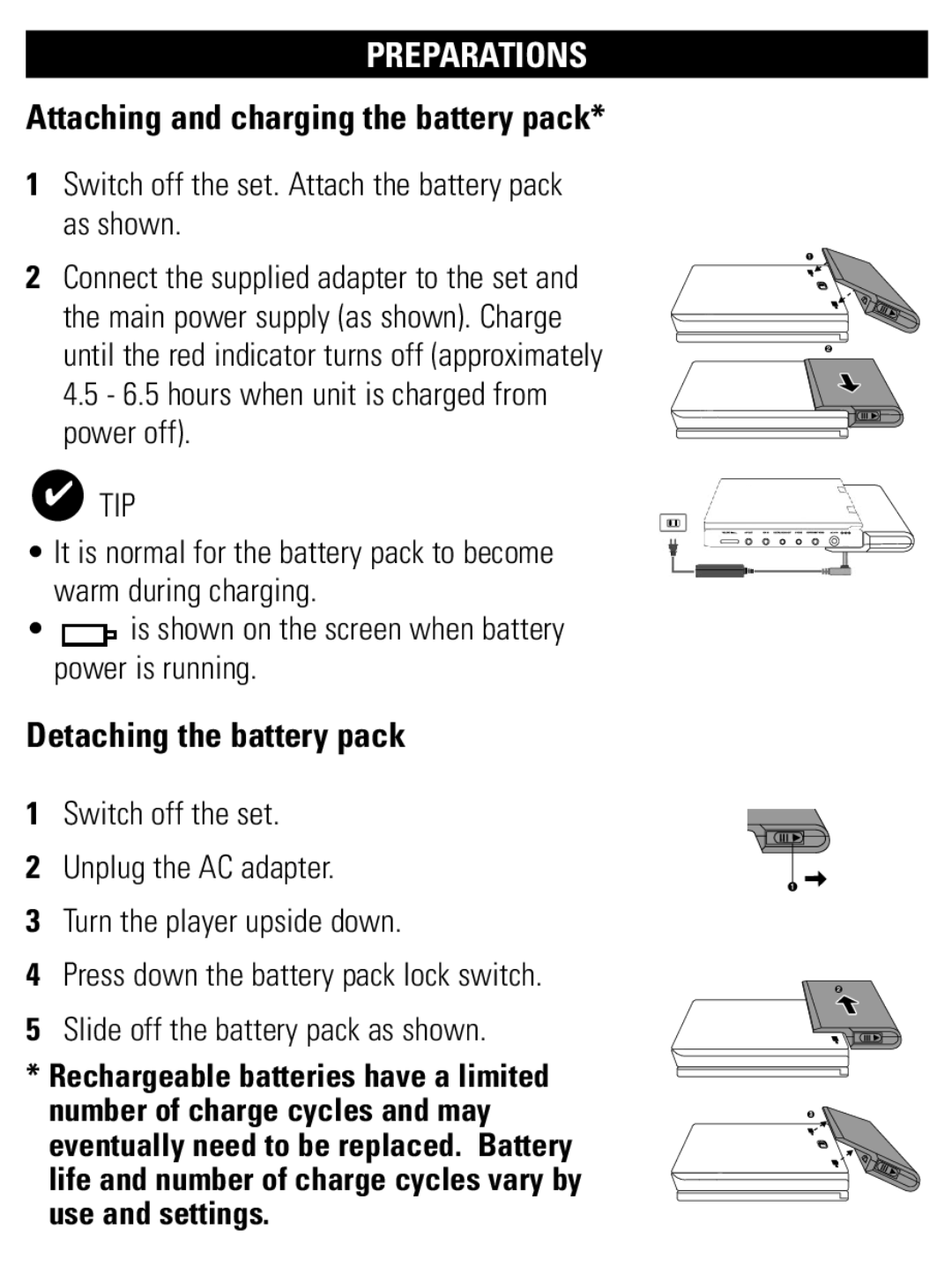 Philips PET1002 user manual Attaching and charging the battery pack, Detaching the battery pack 