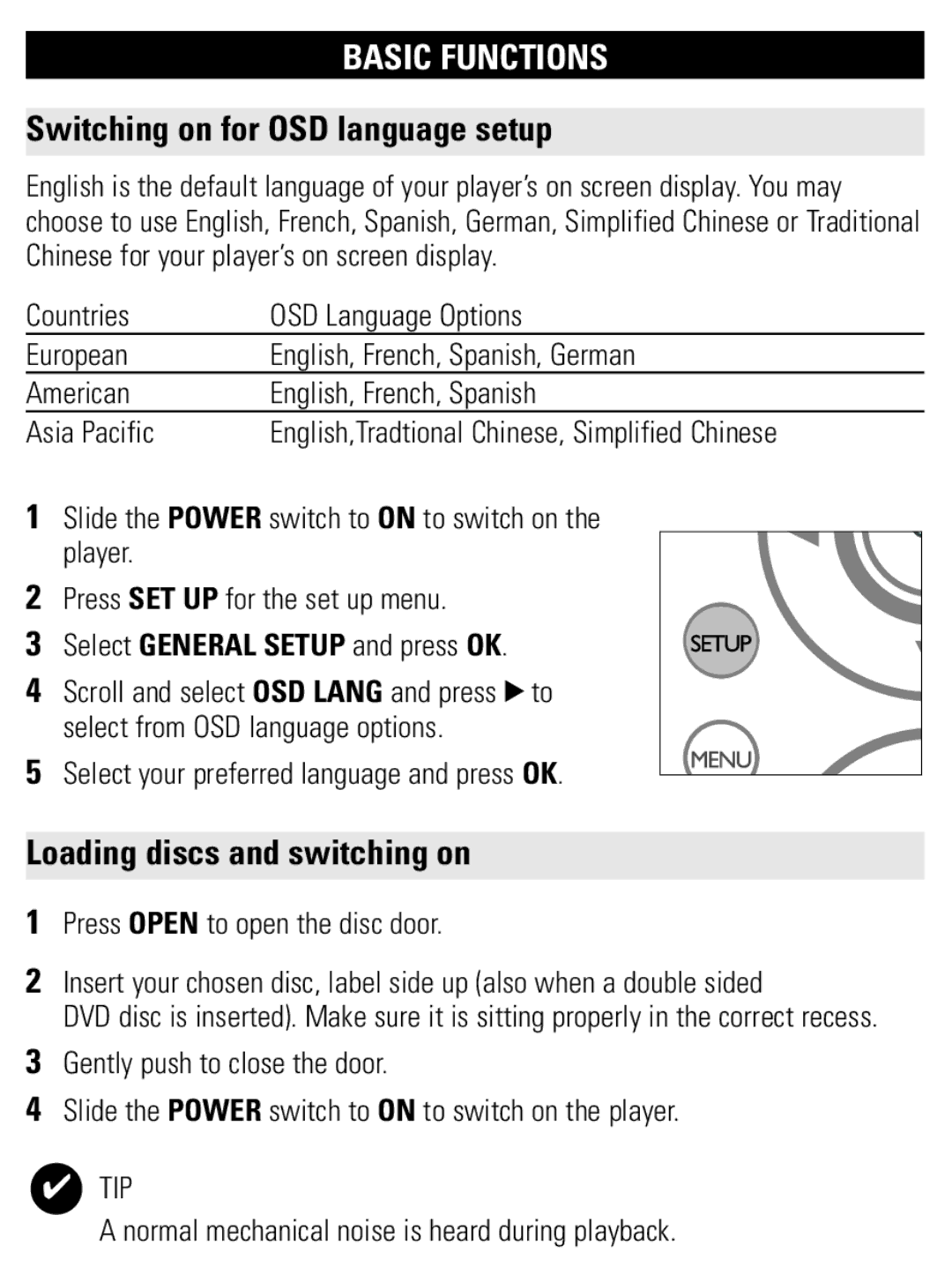 Philips PET1002 user manual Basic Functions, Switching on for OSD language setup, Loading discs and switching on 