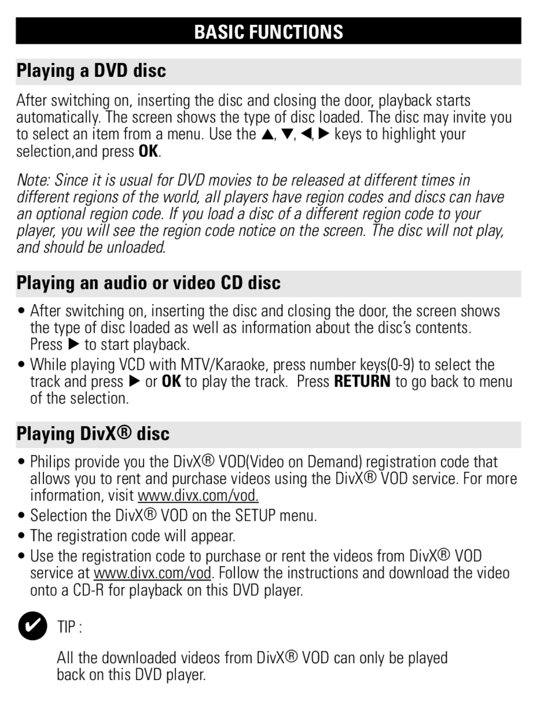 Philips PET1002 user manual Playing a DVD disc, Playing an audio or video CD disc, Playing DivX disc 