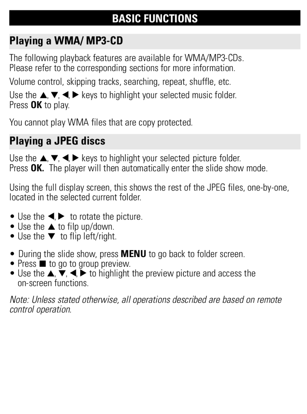 Philips PET1002 user manual Playing a WMA/ MP3-CD, Playing a Jpeg discs 