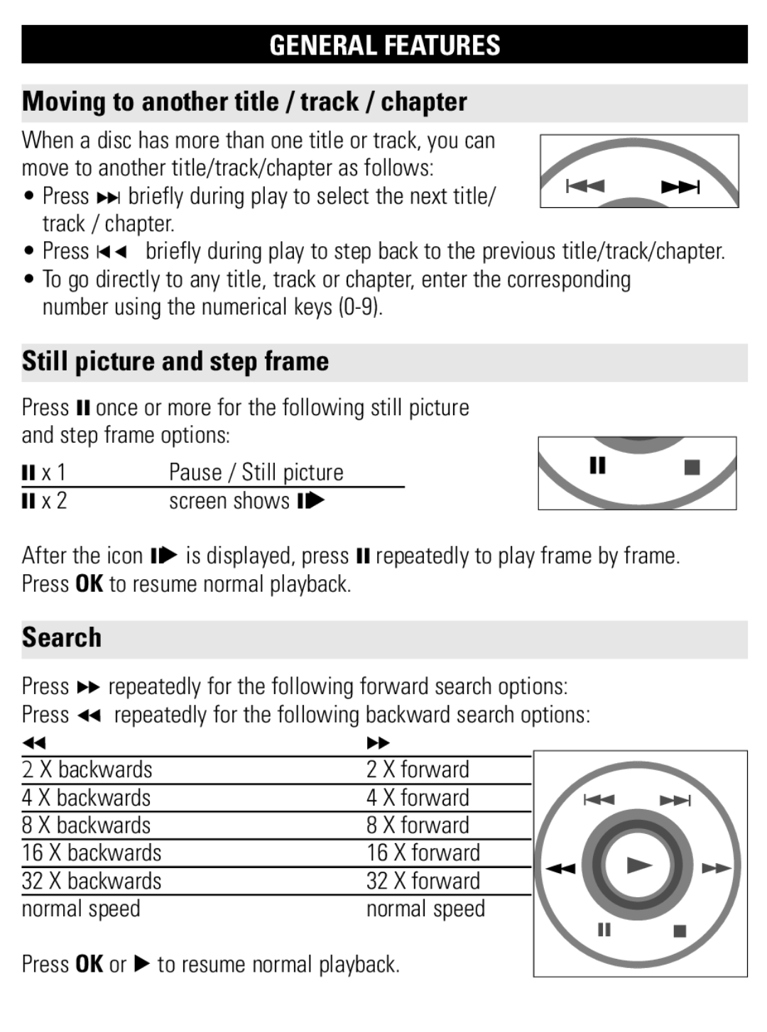 Philips PET1002 General Features, Moving to another title / track / chapter, Still picture and step frame, Search 