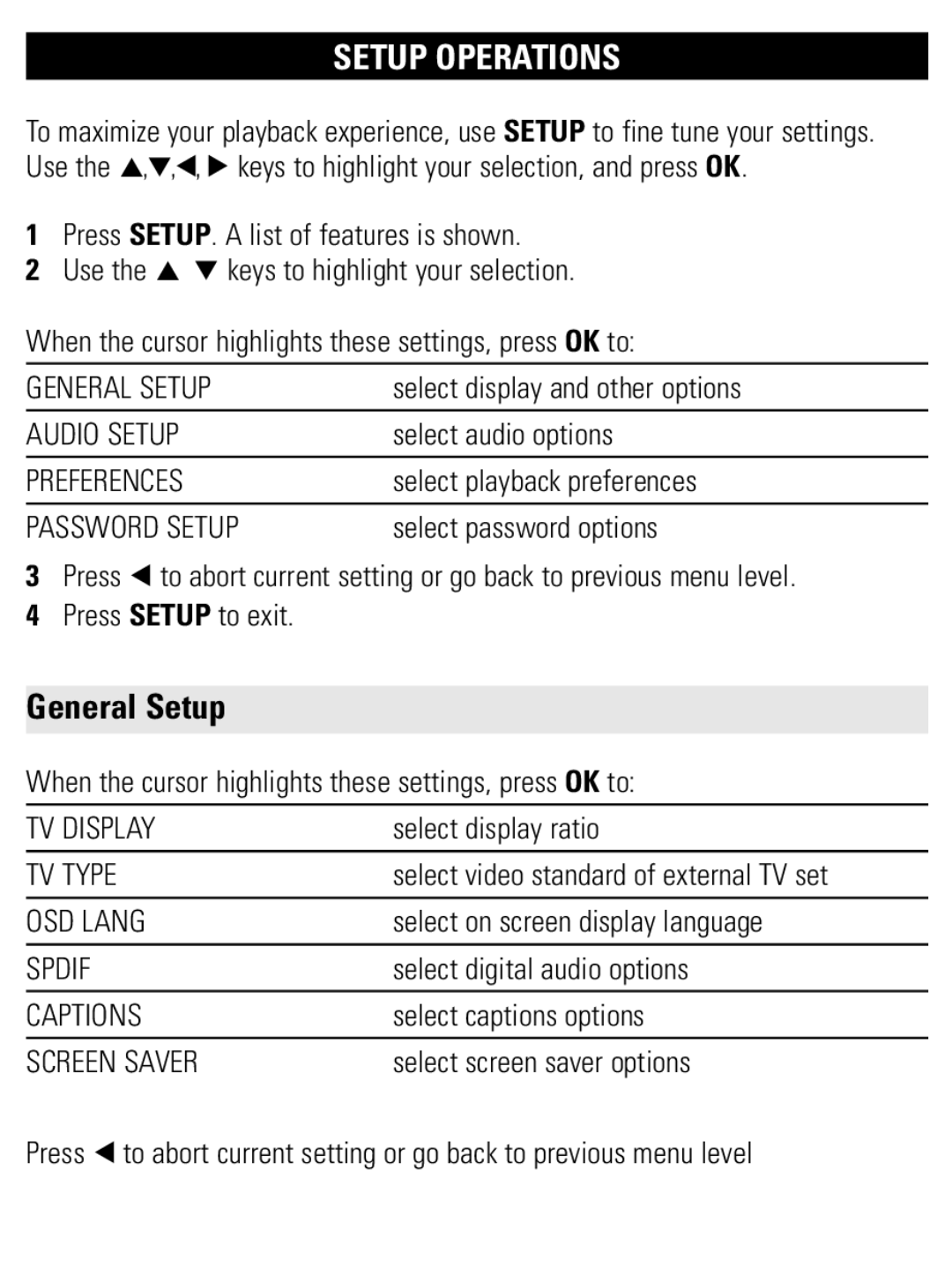 Philips PET1002 user manual Setup Operations, General Setup 