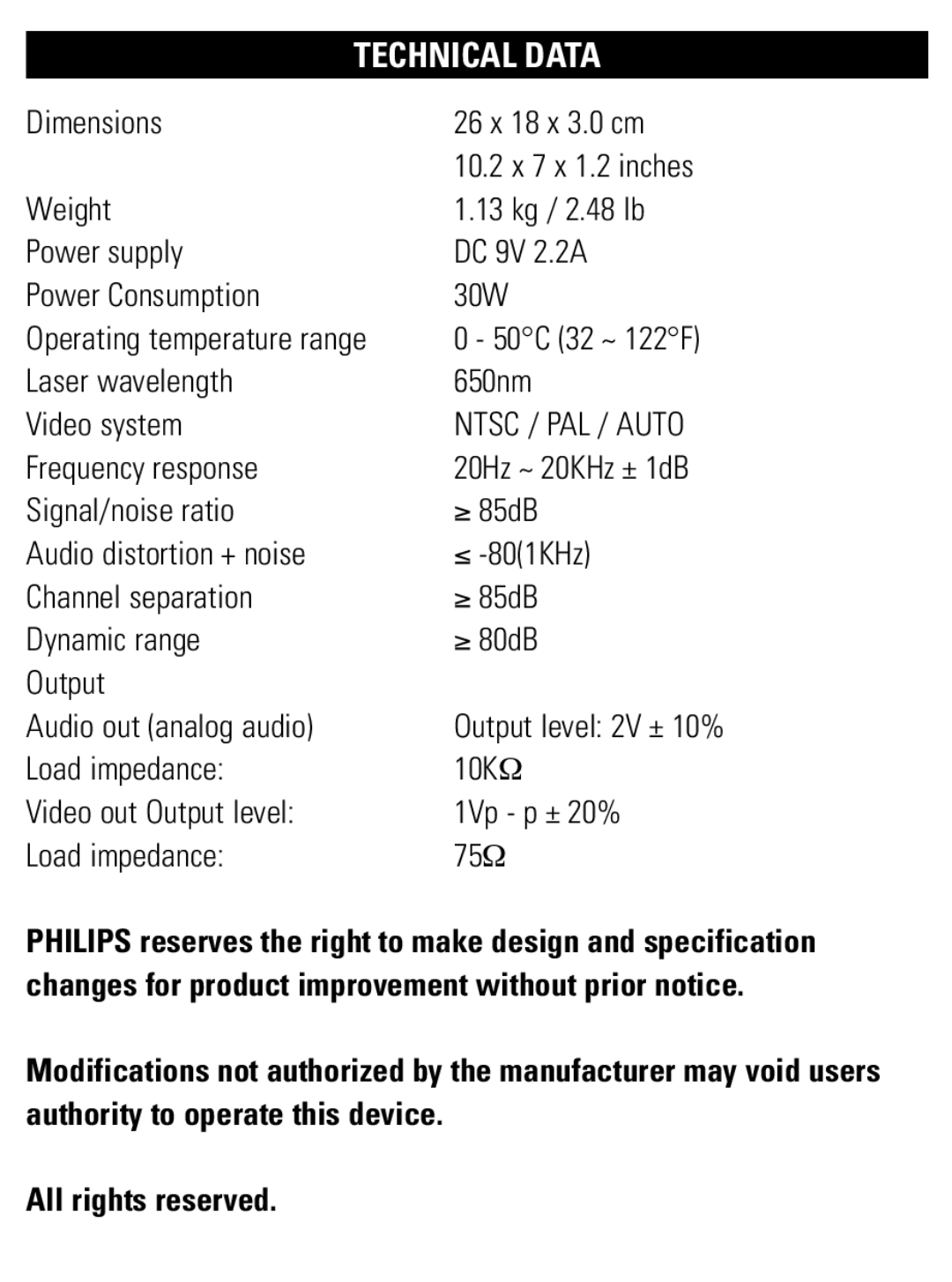 Philips PET1002 user manual Technical Data, Ntsc / PAL / Auto 