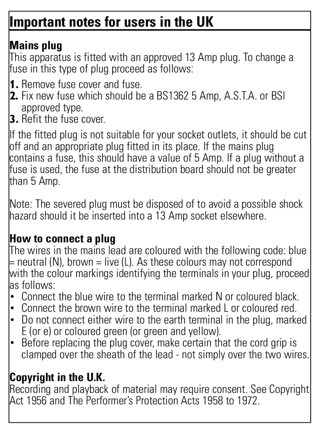 Philips PET1002 user manual Mains plug, How to connect a plug, Copyright in the U.K 