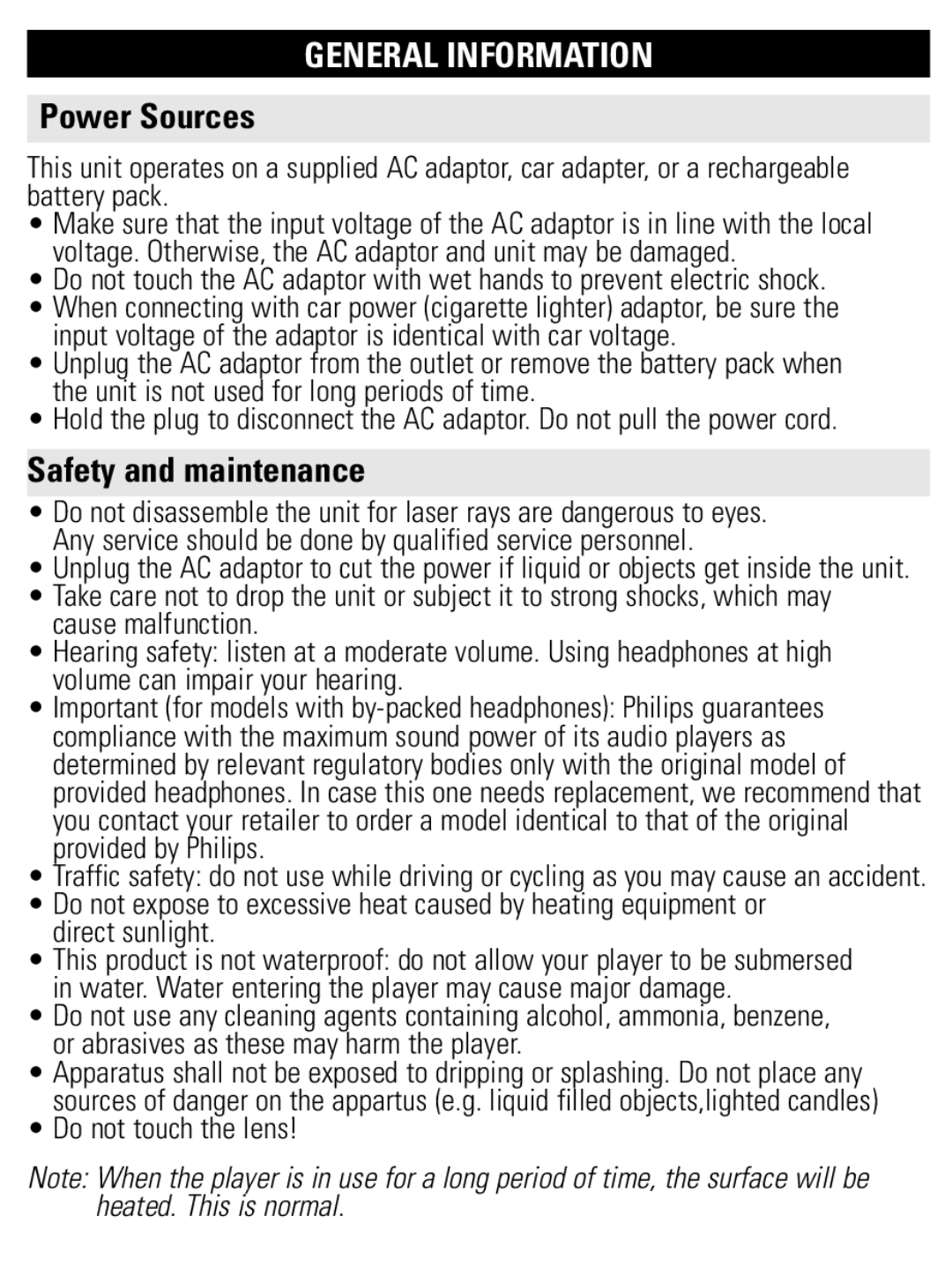 Philips PET1002 user manual General Information, Power Sources, Safety and maintenance 