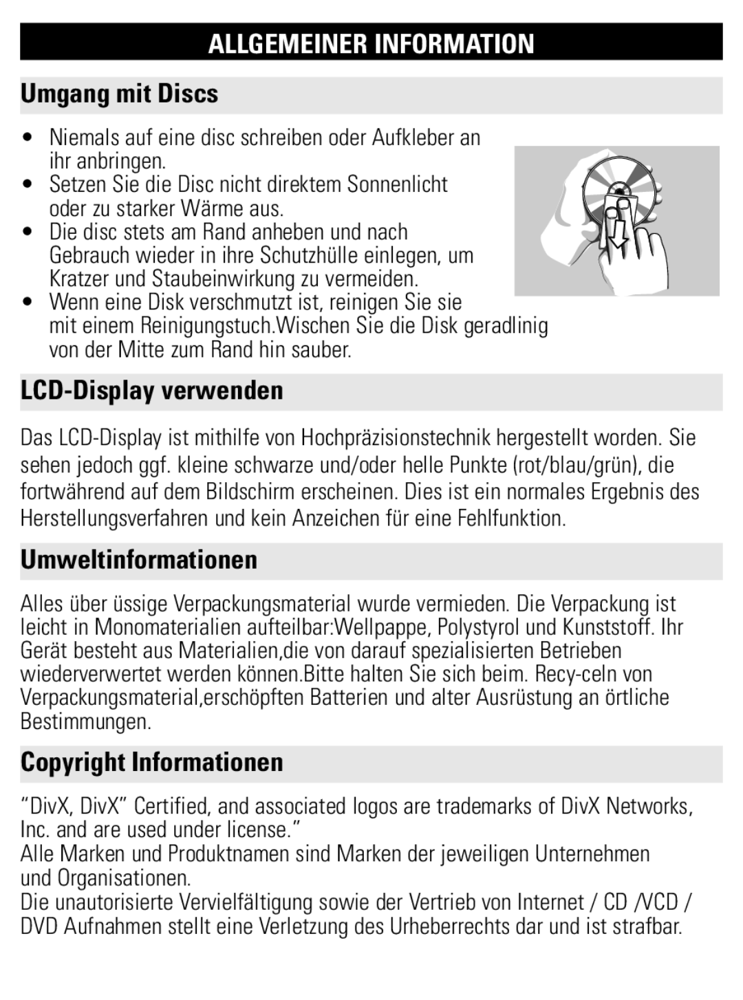 Philips PET1002 user manual Umgang mit Discs, LCD-Display verwenden, Umweltinformationen, Copyright Informationen 