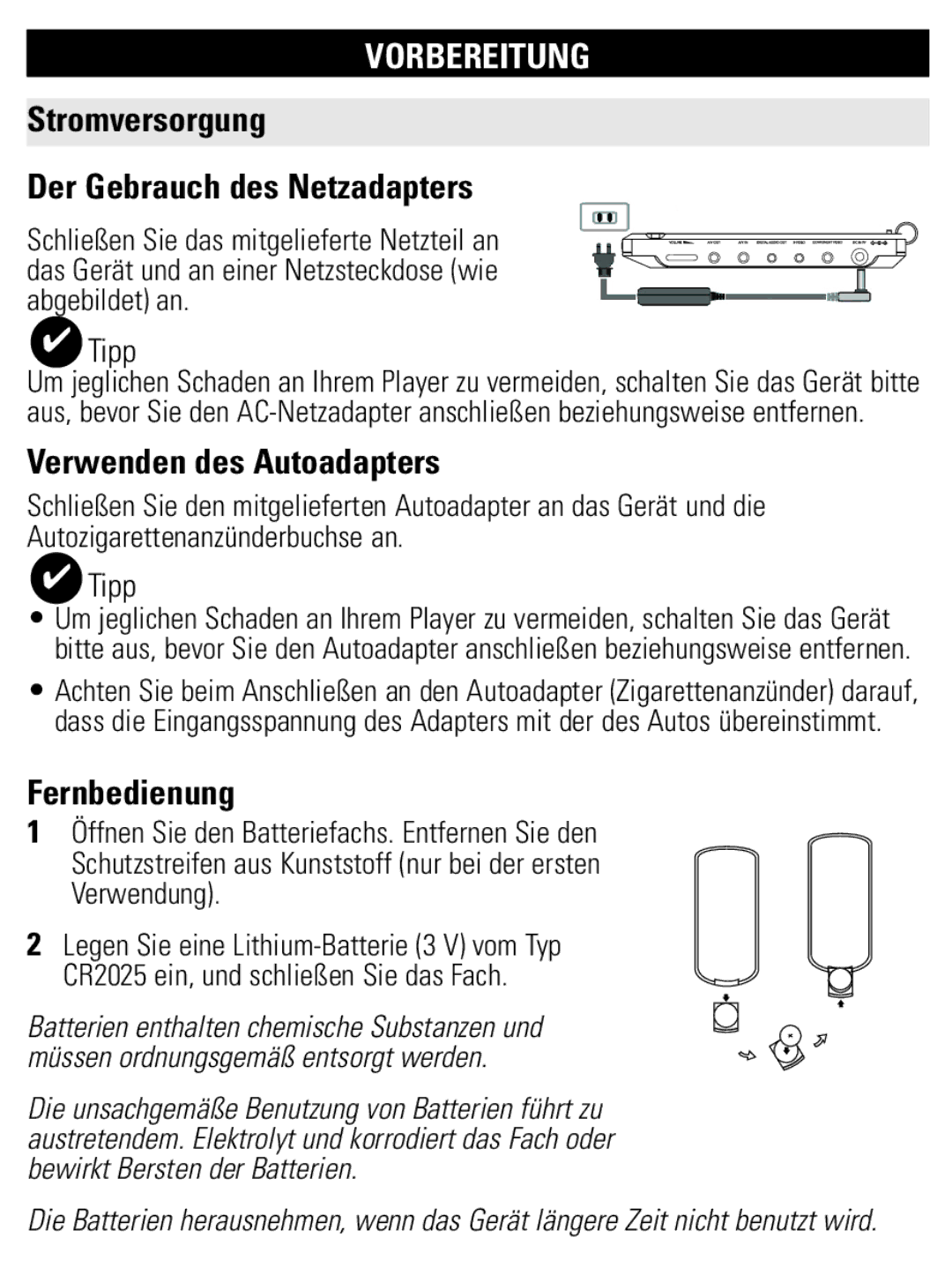 Philips PET1002 Vorbereitung, Stromversorgung Der Gebrauch des Netzadapters, Verwenden des Autoadapters, Fernbedienung 