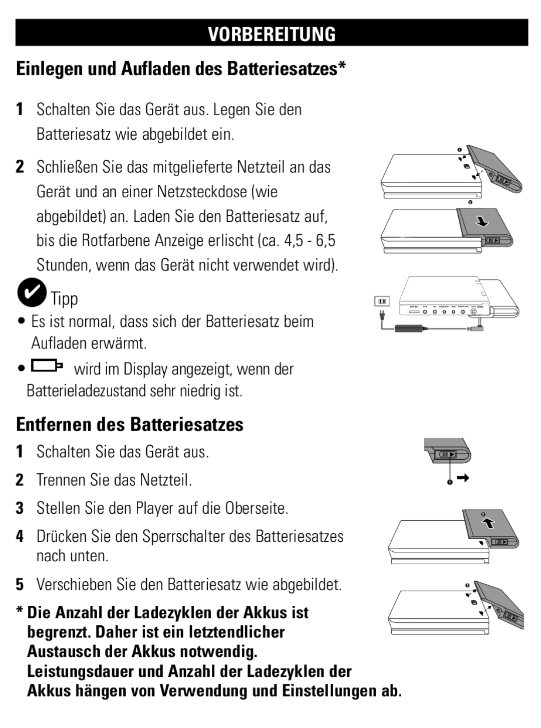 Philips PET1002 user manual Einlegen und Aufladen des Batteriesatzes, Entfernen des Batteriesatzes 