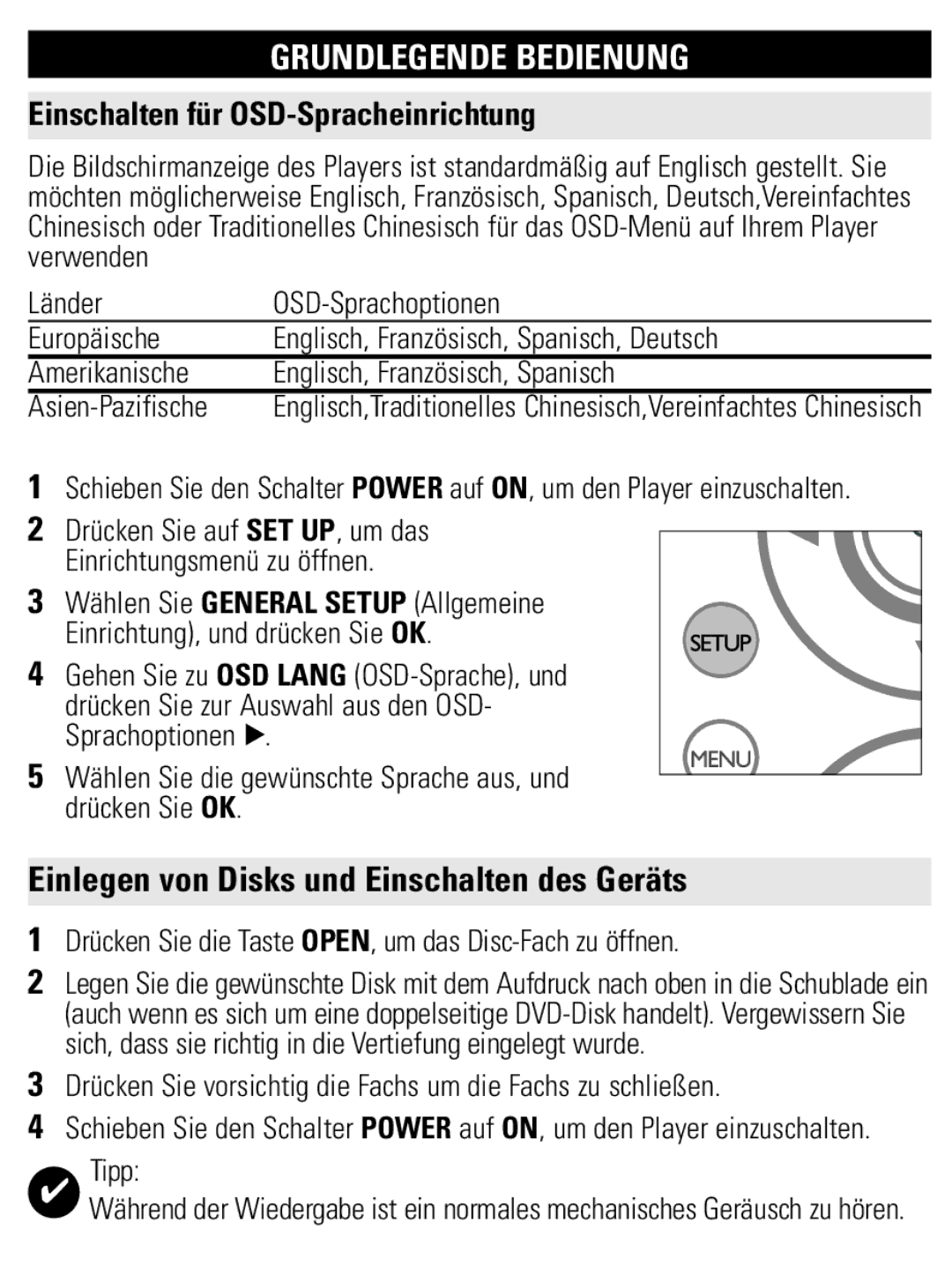 Philips PET1002 user manual Grundlegende Bedienung, Einlegen von Disks und Einschalten des Geräts 