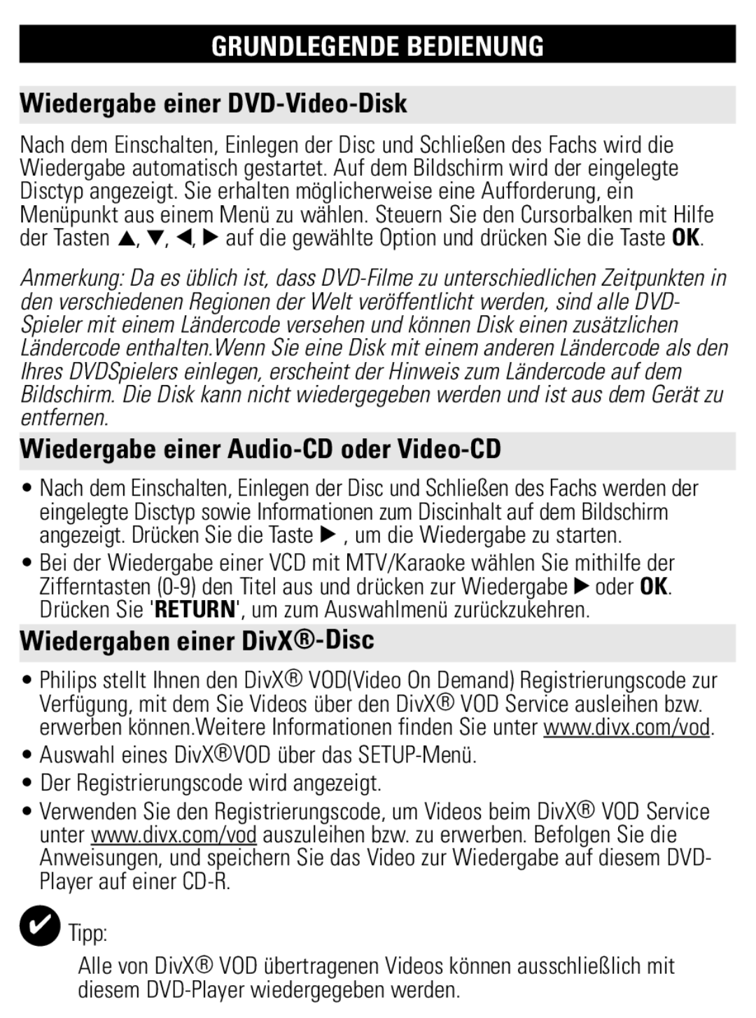 Philips PET1002 Wiedergabe einer DVD-Video-Disk, Wiedergabe einer Audio-CD oder Video-CD, Wiedergaben einer DivX-Disc 