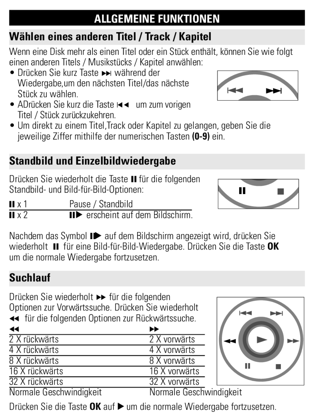 Philips PET1002 Allgemeine Funktionen, Wählen eines anderen Titel / Track / Kapitel, Standbild und Einzelbildwiedergabe 