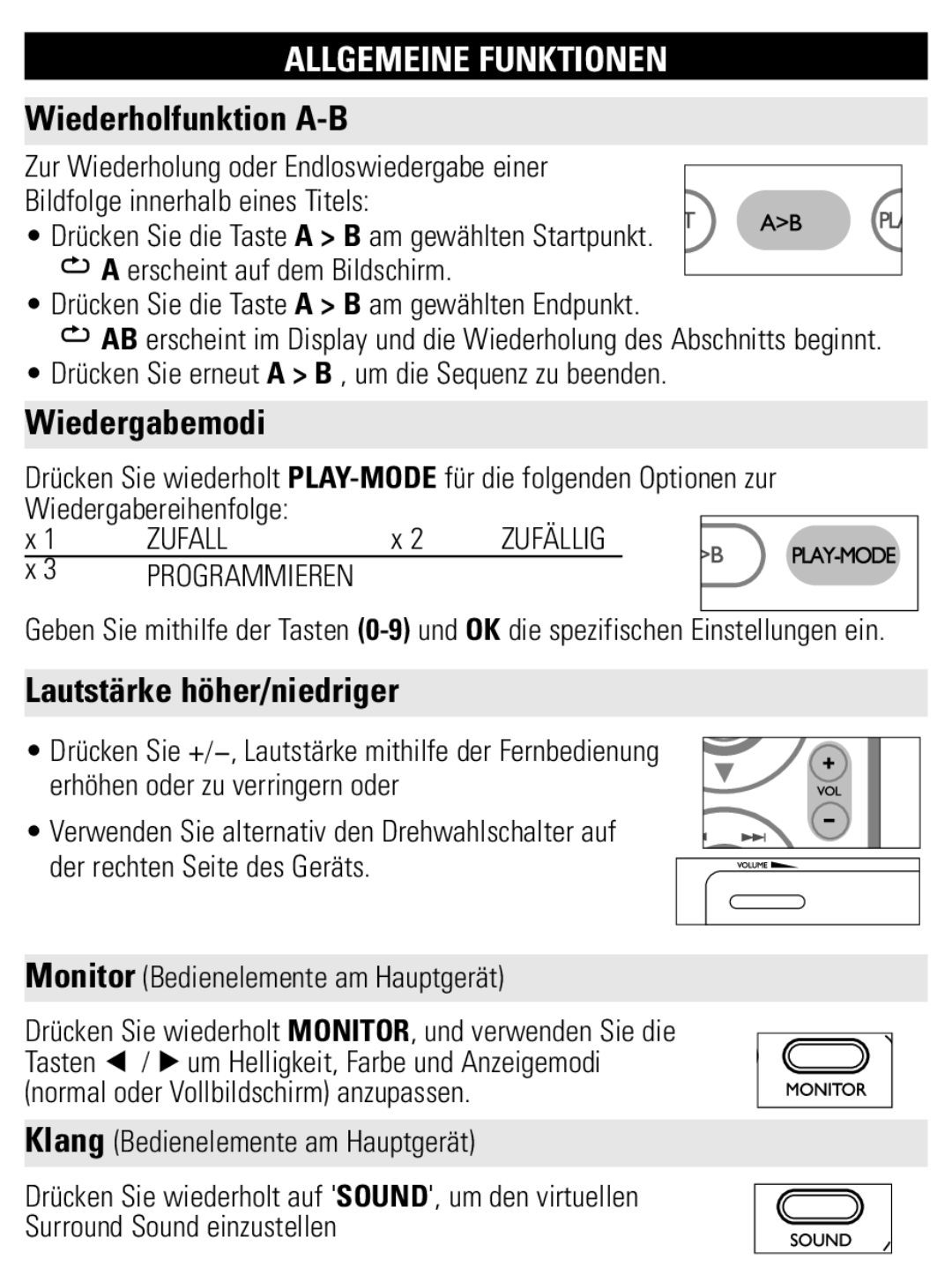 Philips PET1002 user manual Wiederholfunktion A-B, Wiedergabemodi, Lautstärke höher/niedriger, Zufall 