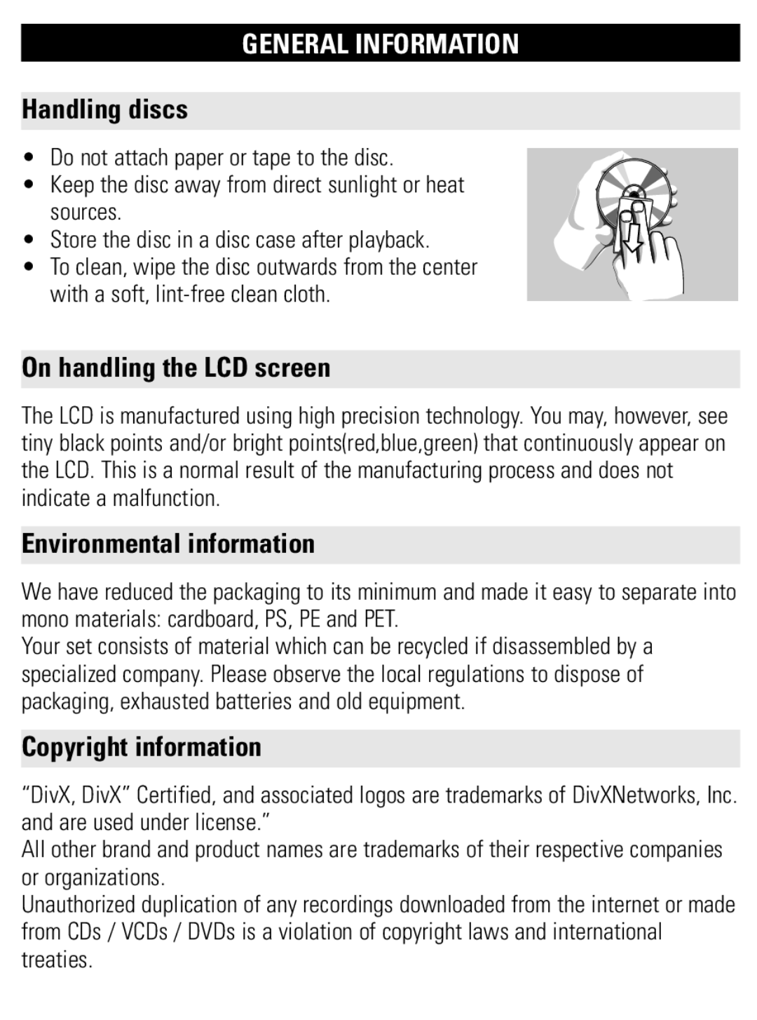 Philips PET1002 user manual Handling discs, On handling the LCD screen, Environmental information, Copyright information 