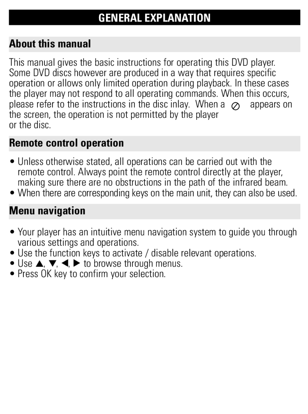 Philips PET1002 user manual General Explanation, About this manual, Remote control operation, Menu navigation, or the disc 
