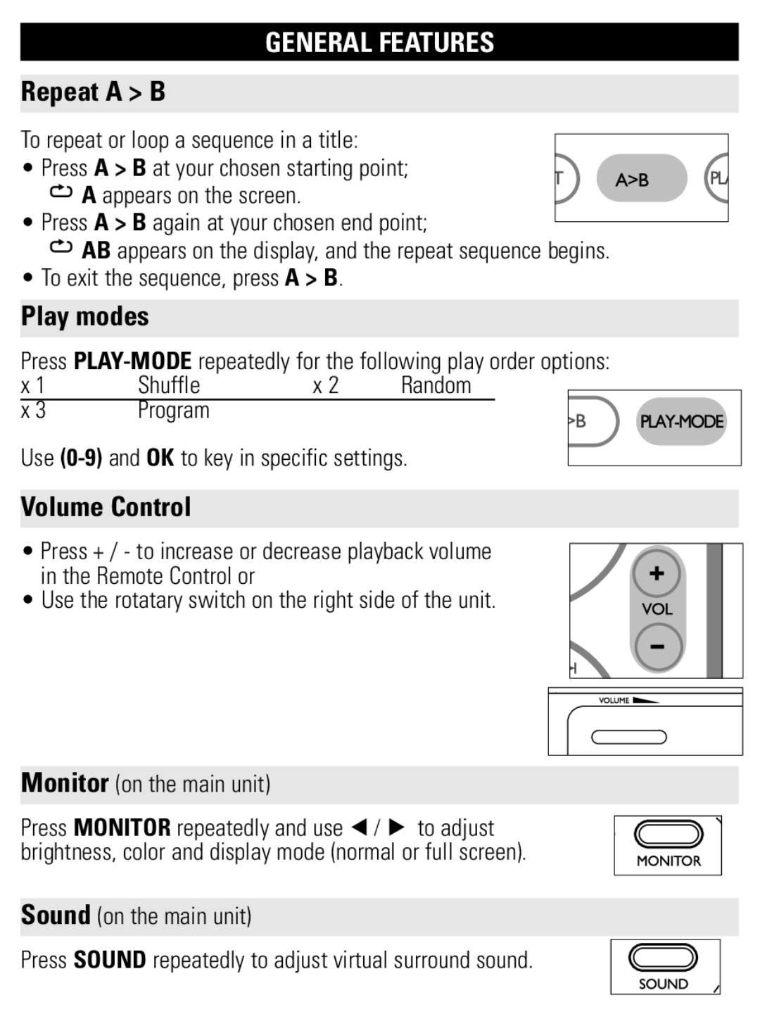 Philips PET1002 user manual Repeat A B, Play modes, Volume Control, General Features, Random 