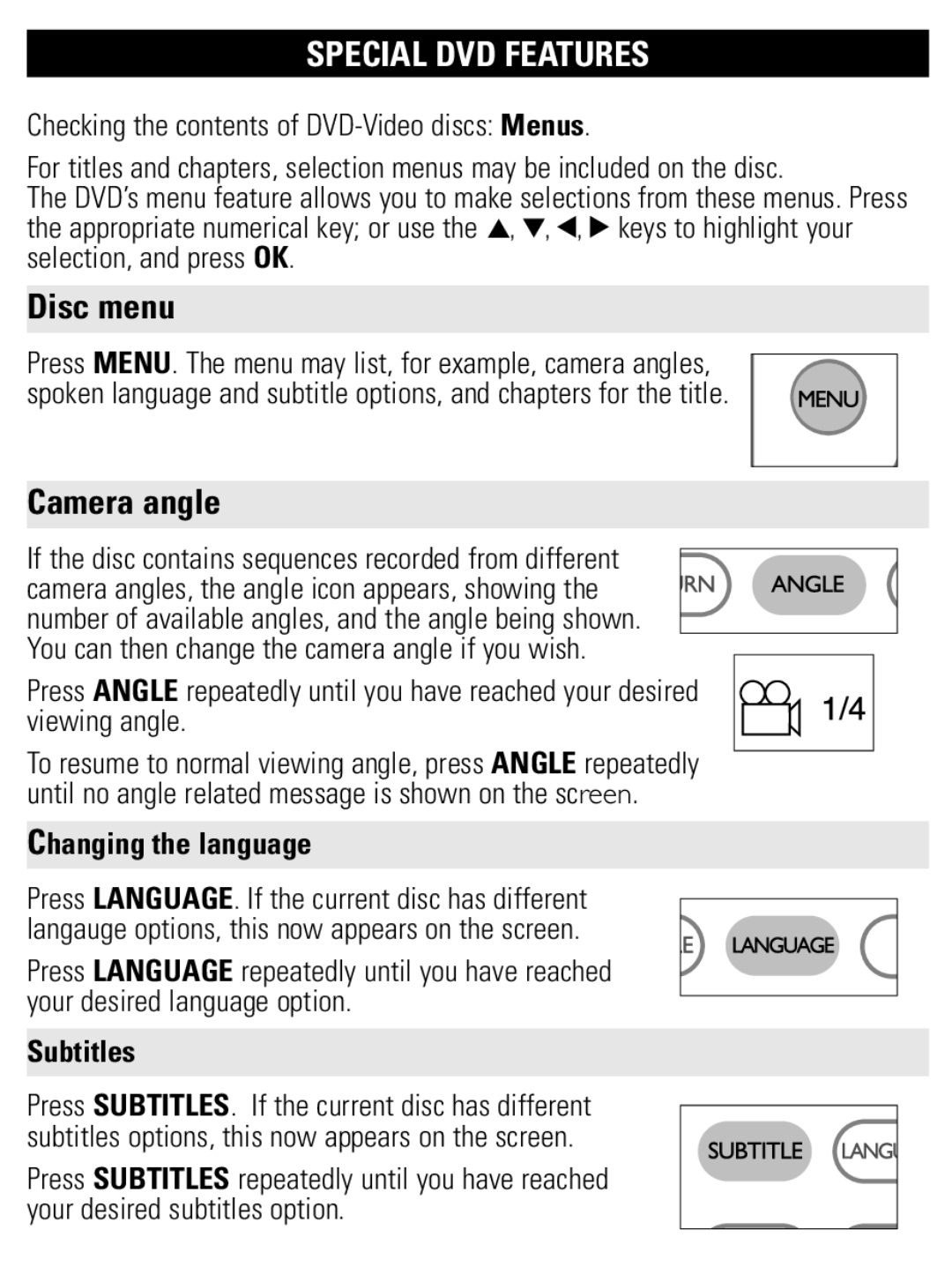 Philips PET1002 user manual Special Dvd Features, Disc menu, Camera angle, Changing the language, Subtitles 
