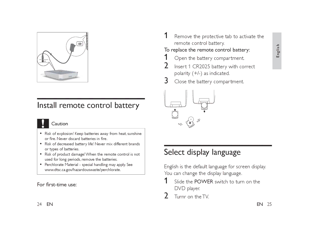 Philips PET101/12 manual Install remote control battery, Select display language 