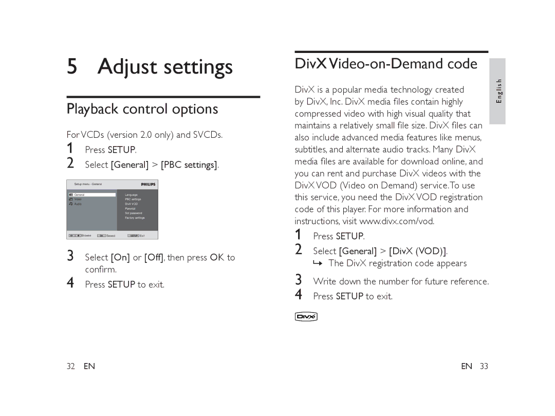 Philips PET101/12 manual Adjust settings, Playback control options 