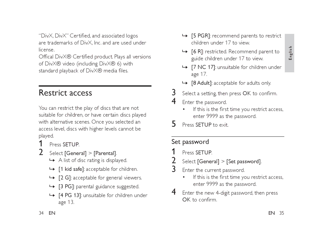 Philips PET101/12 manual Restrict access, Set password 