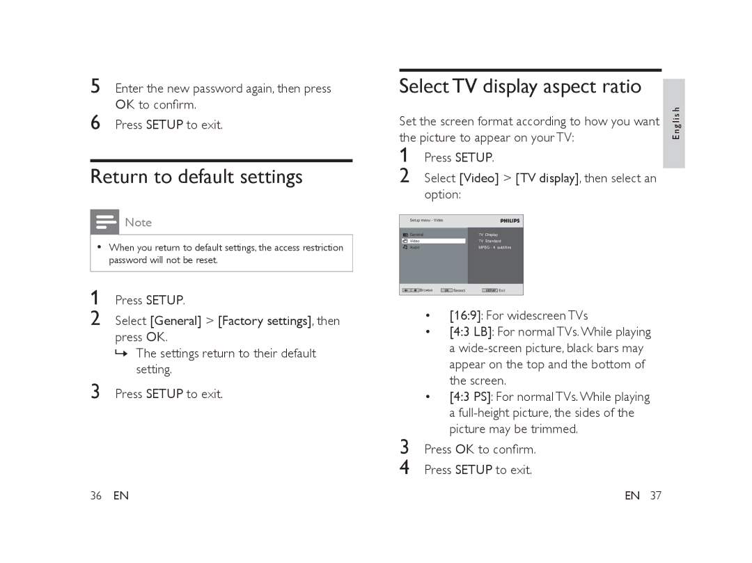 Philips PET101/12 manual Return to default settings, Select TV display aspect ratio 