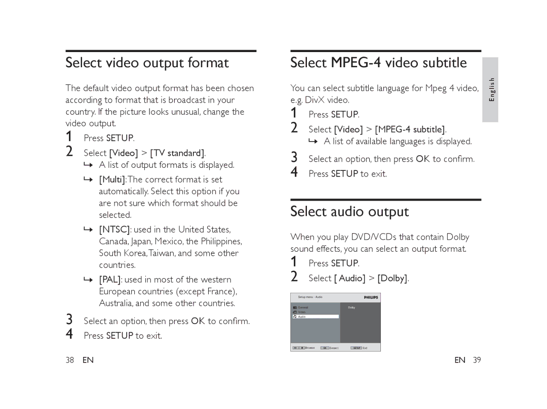 Philips PET101/12 manual Select video output format, Select MPEG-4 video subtitle, Select audio output 