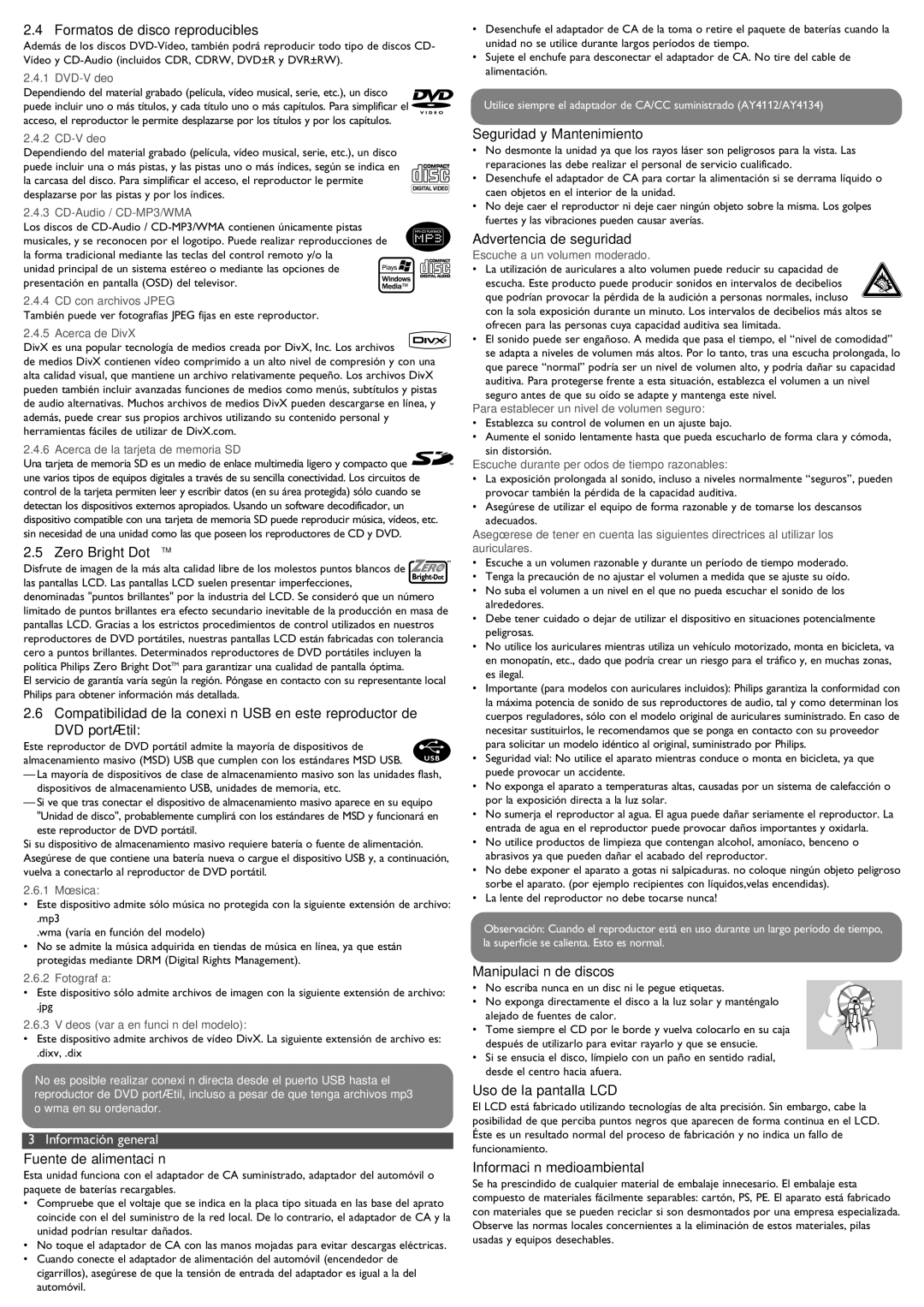 Philips PET1030/37 Formatos de disco reproducibles, Zero Bright DotTM, Fuente de alimentación, Seguridad y Mantenimiento 