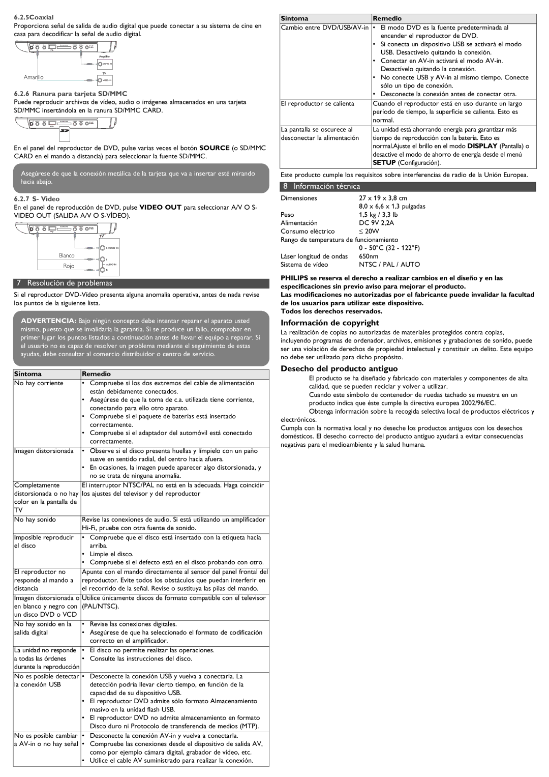 Philips PET1030/37 manual Resolución de problemas, Información técnica, Desecho del producto antiguo 