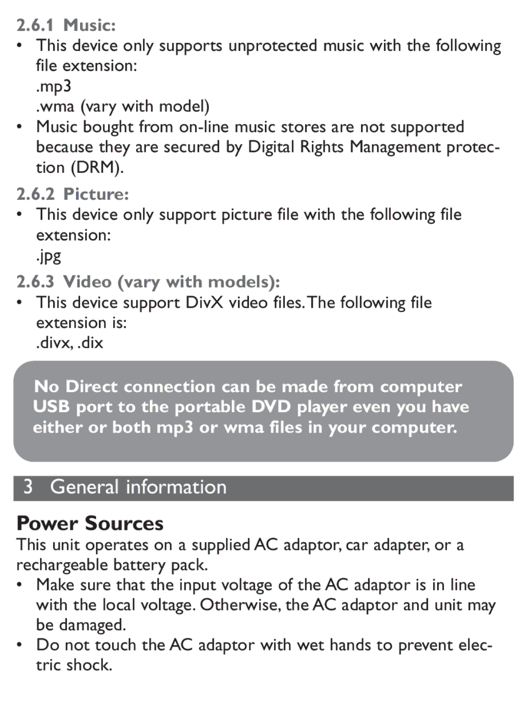 Philips PET1031/12 user manual Power Sources, Music, Picture, Video vary with models 