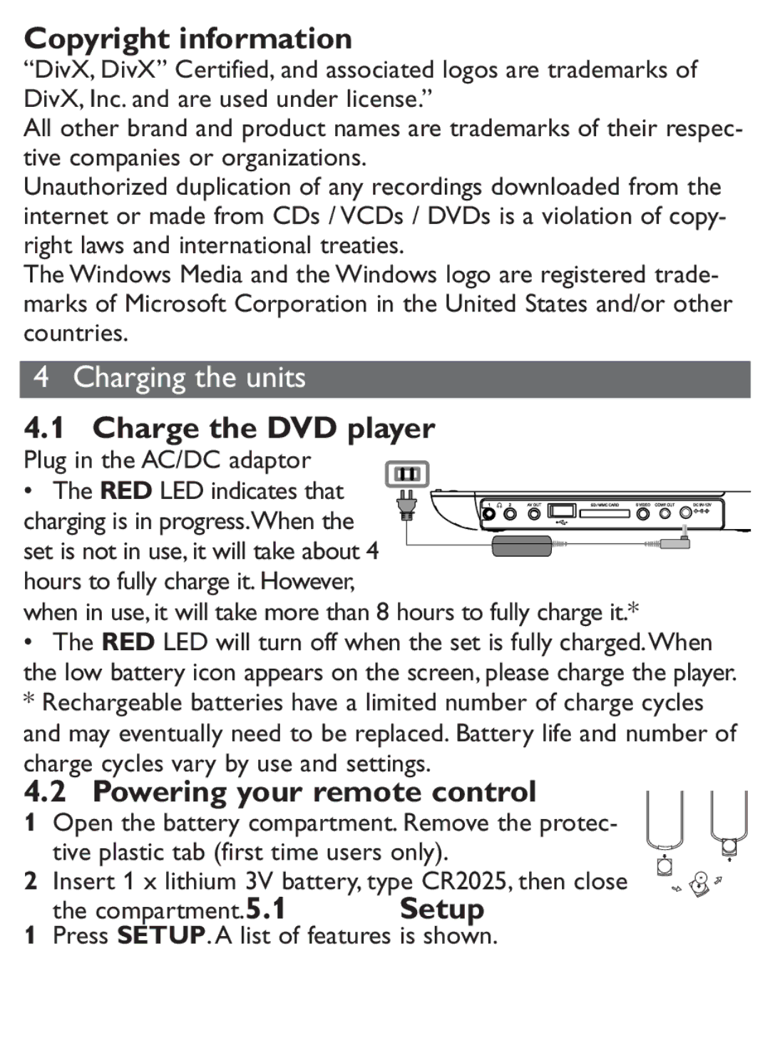 Philips PET1031/12 Copyright information, Charge the DVD player Plug in the AC/DC adaptor, Powering your remote control 