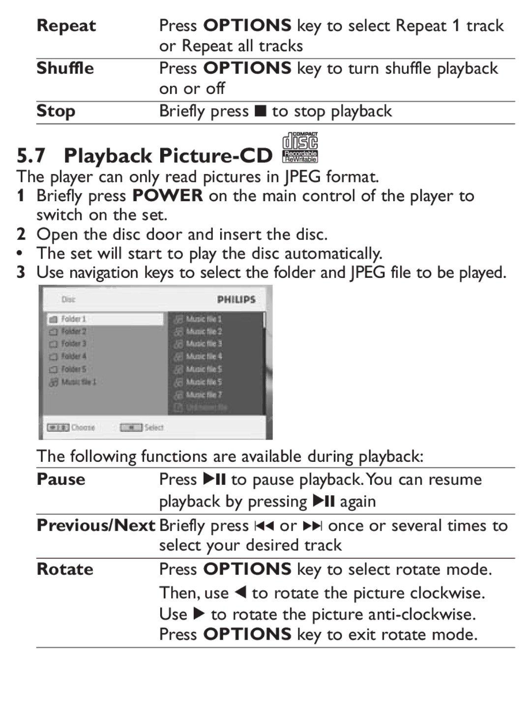 Philips PET1031/12 user manual Playback Picture-CD, Or Repeat all tracks, Press Options key to exit rotate mode 