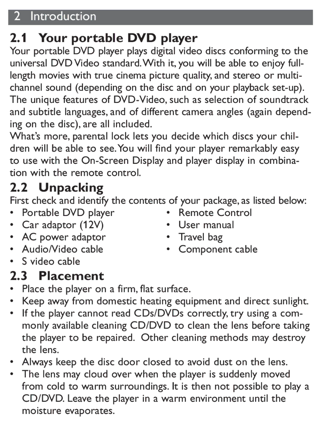 Philips PET1031/12 user manual Your portable DVD player, Unpacking, Placement 