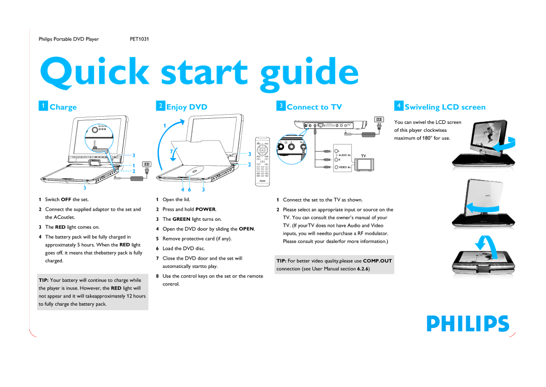 Philips PET1031/93 quick start Quick start guide, Charge Enjoy DVD Connect to TV, Swiveling LCD screen 