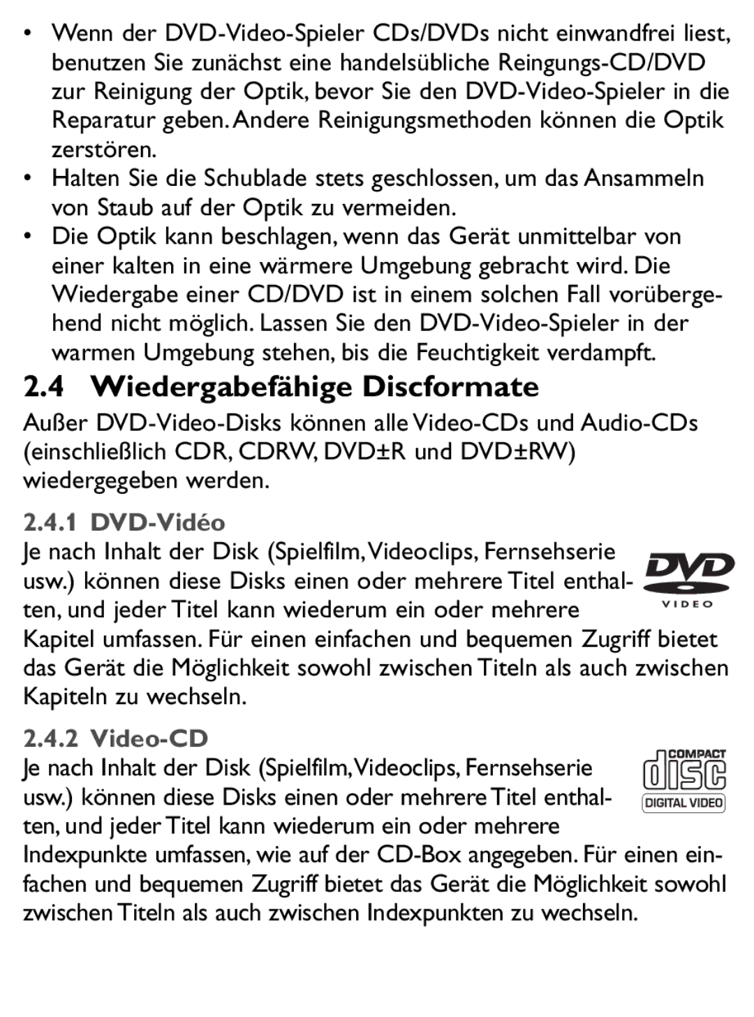 Philips PET1046 manual Wiedergabefähige Discformate, DVD-Vidéo, Video-CD 