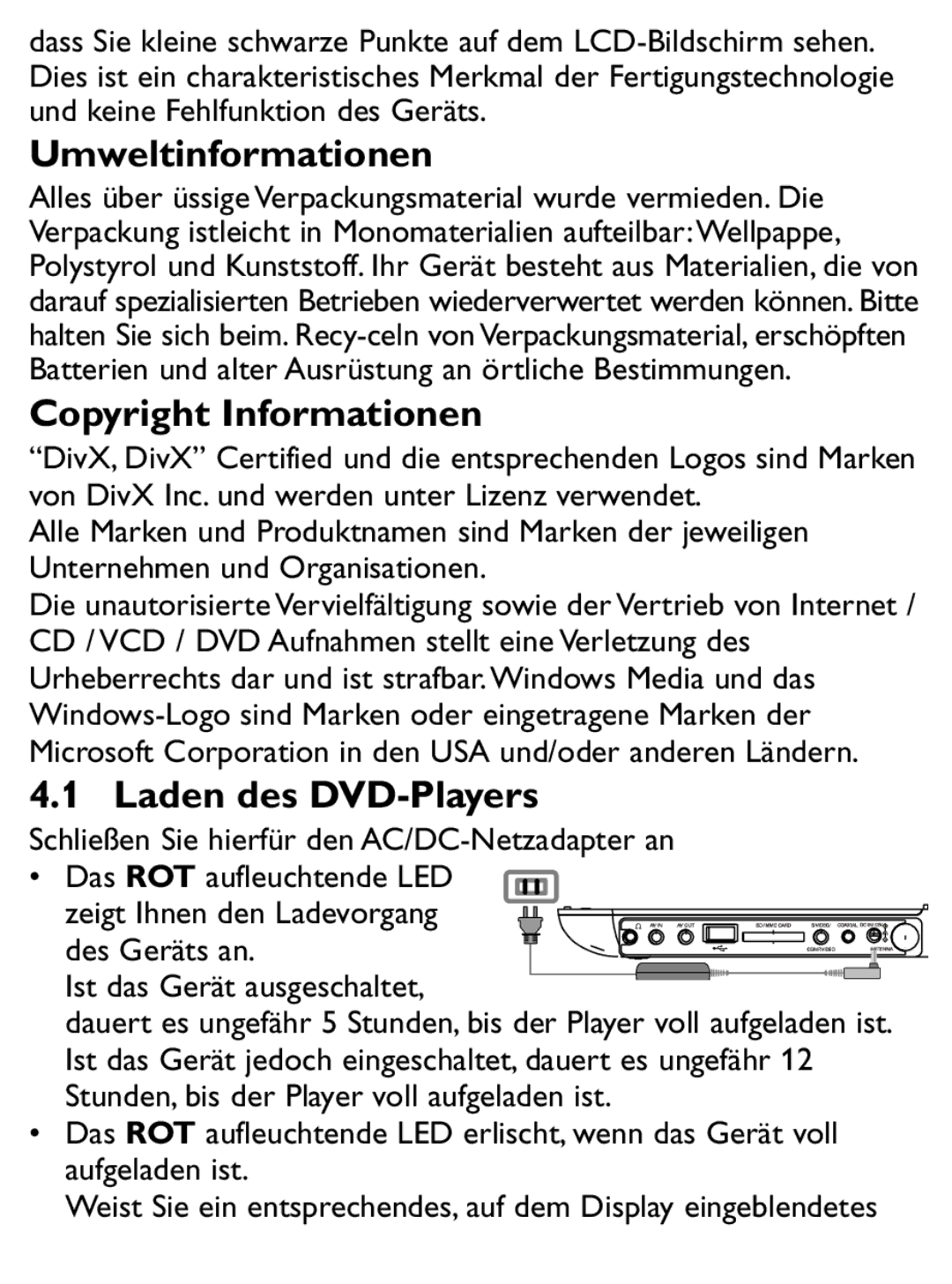 Philips PET1046 manual Umweltinformationen, Copyright Informationen, Laden des DVD-Players 