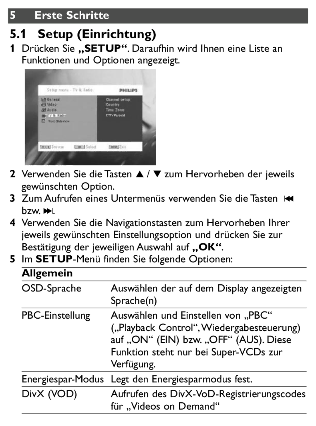 Philips PET1046 manual Setup Einrichtung, Allgemein 