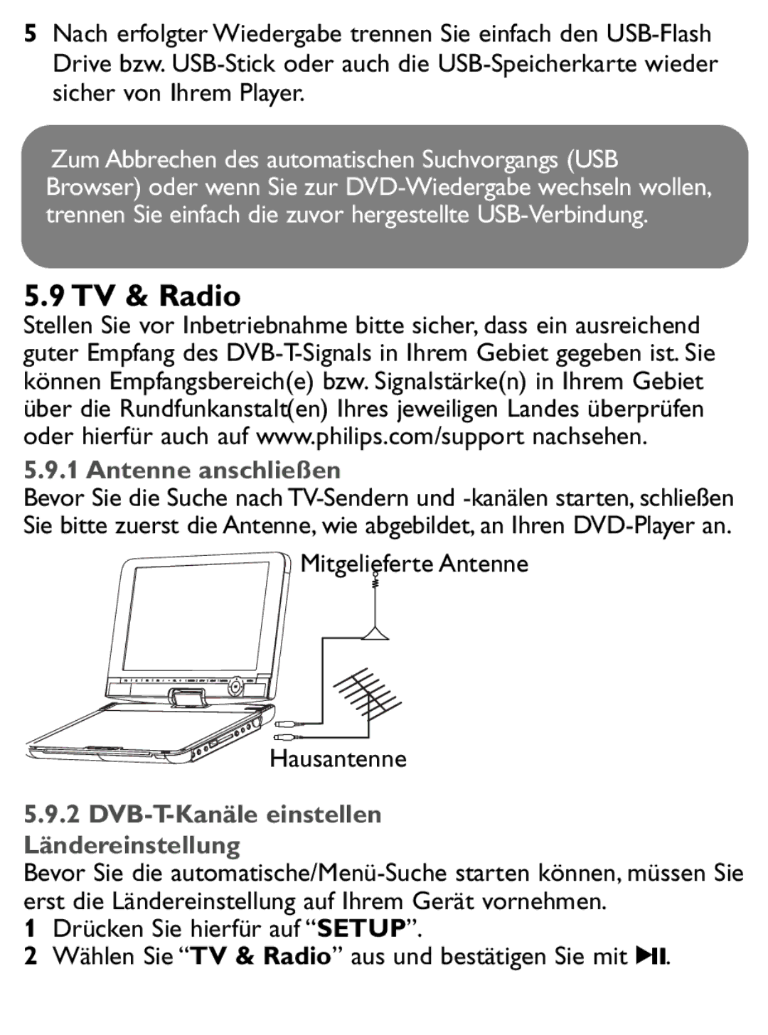 Philips PET1046 manual TV & Radio, Antenne anschließen, Mitgelieferte Antenne Hausantenne 