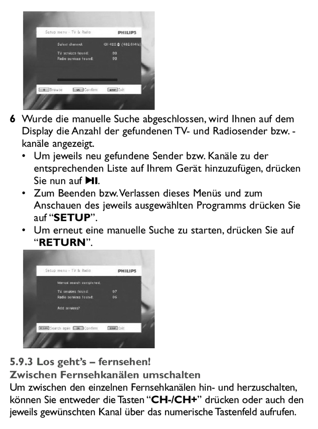 Philips PET1046 manual Los geht’s fernsehen! Zwischen Fernsehkanälen umschalten 