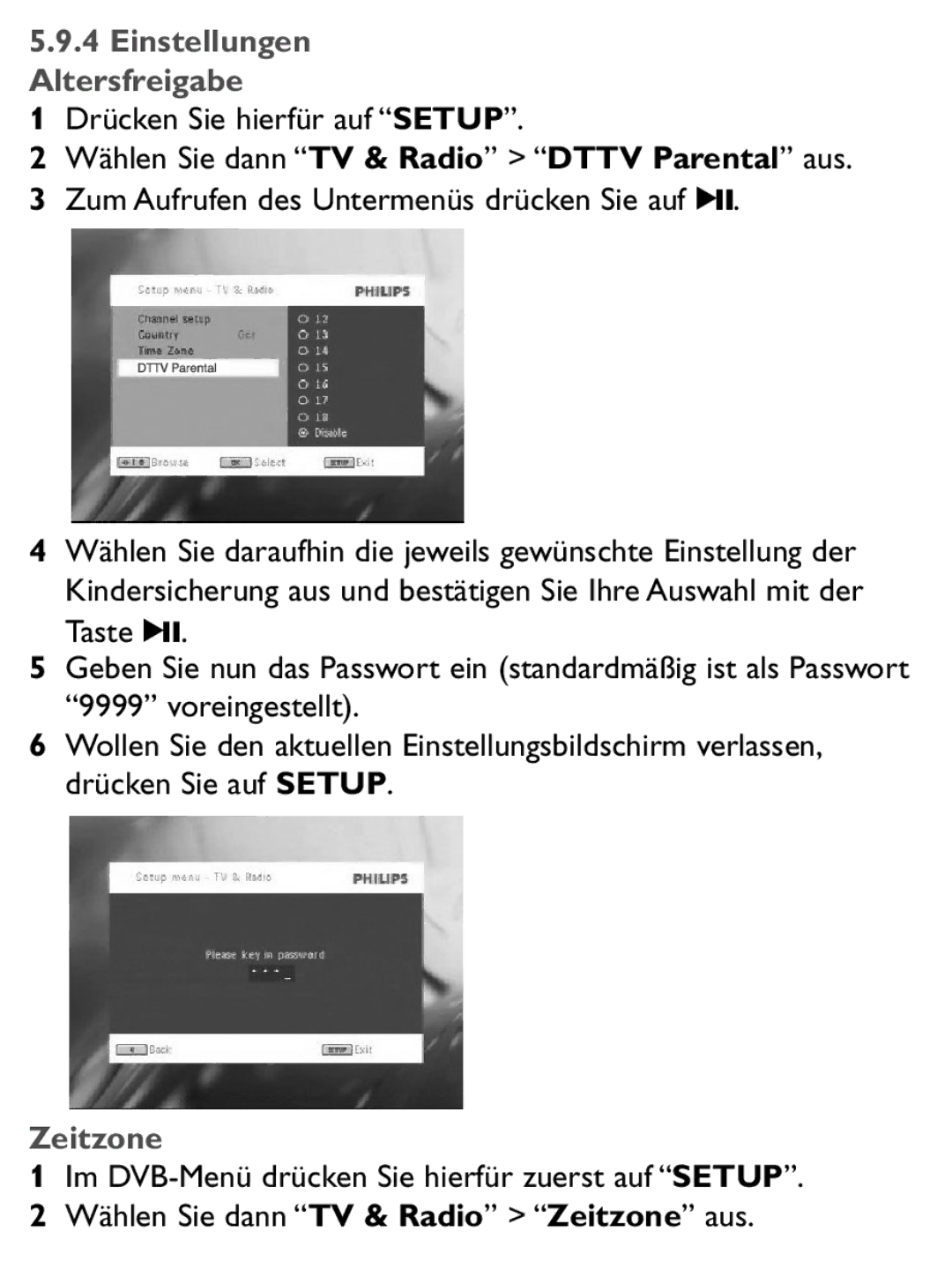 Philips PET1046 manual Einstellungen Altersfreigabe, Drücken Sie hierfür auf Setup, Zeitzone 