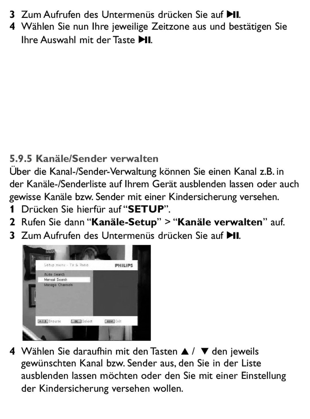 Philips PET1046 manual 5 Kanäle/Sender verwalten, Rufen Sie dann Kanäle-Setup Kanäle verwalten auf 