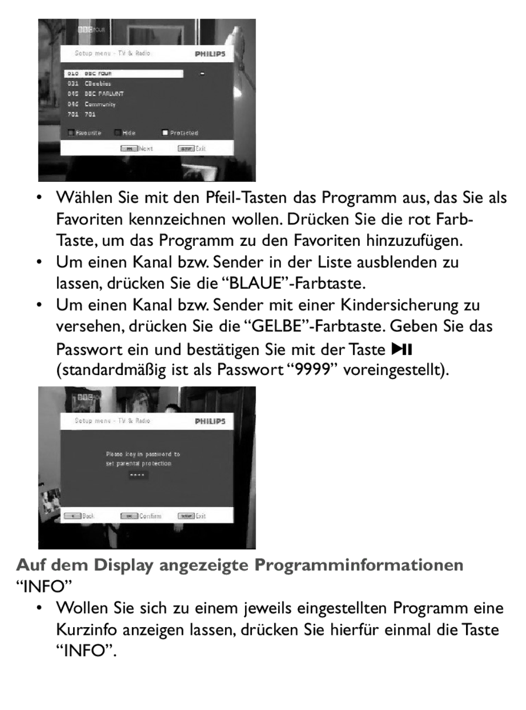 Philips PET1046 manual Auf dem Display angezeigte Programminformationen, Info 