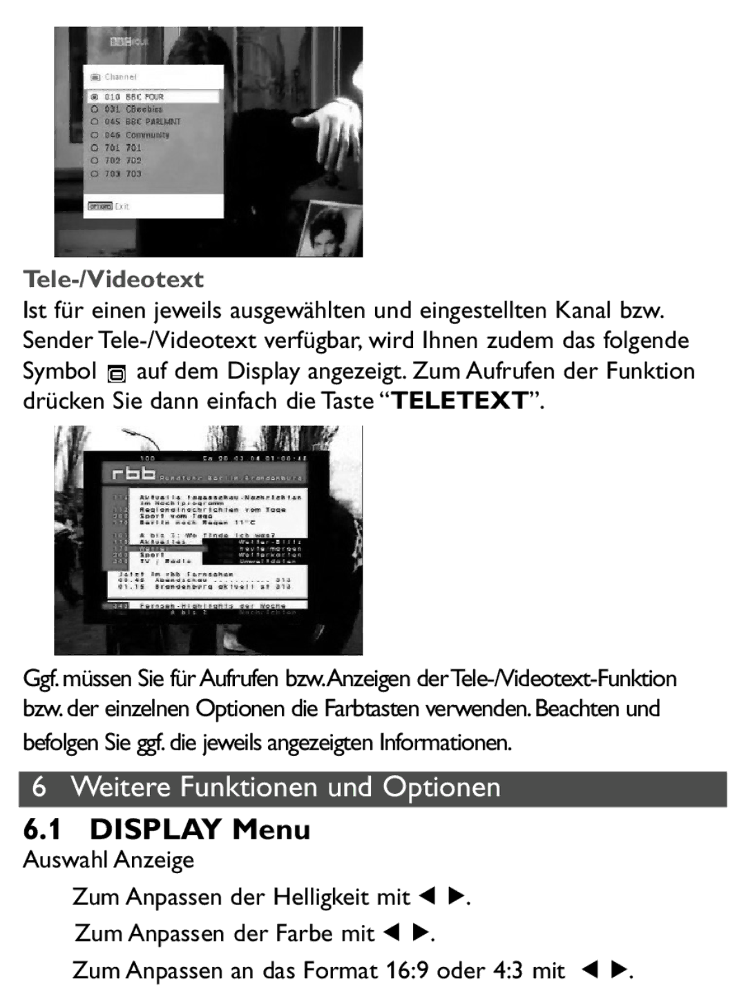 Philips PET1046 manual Display Menu, Tele-/Videotext 