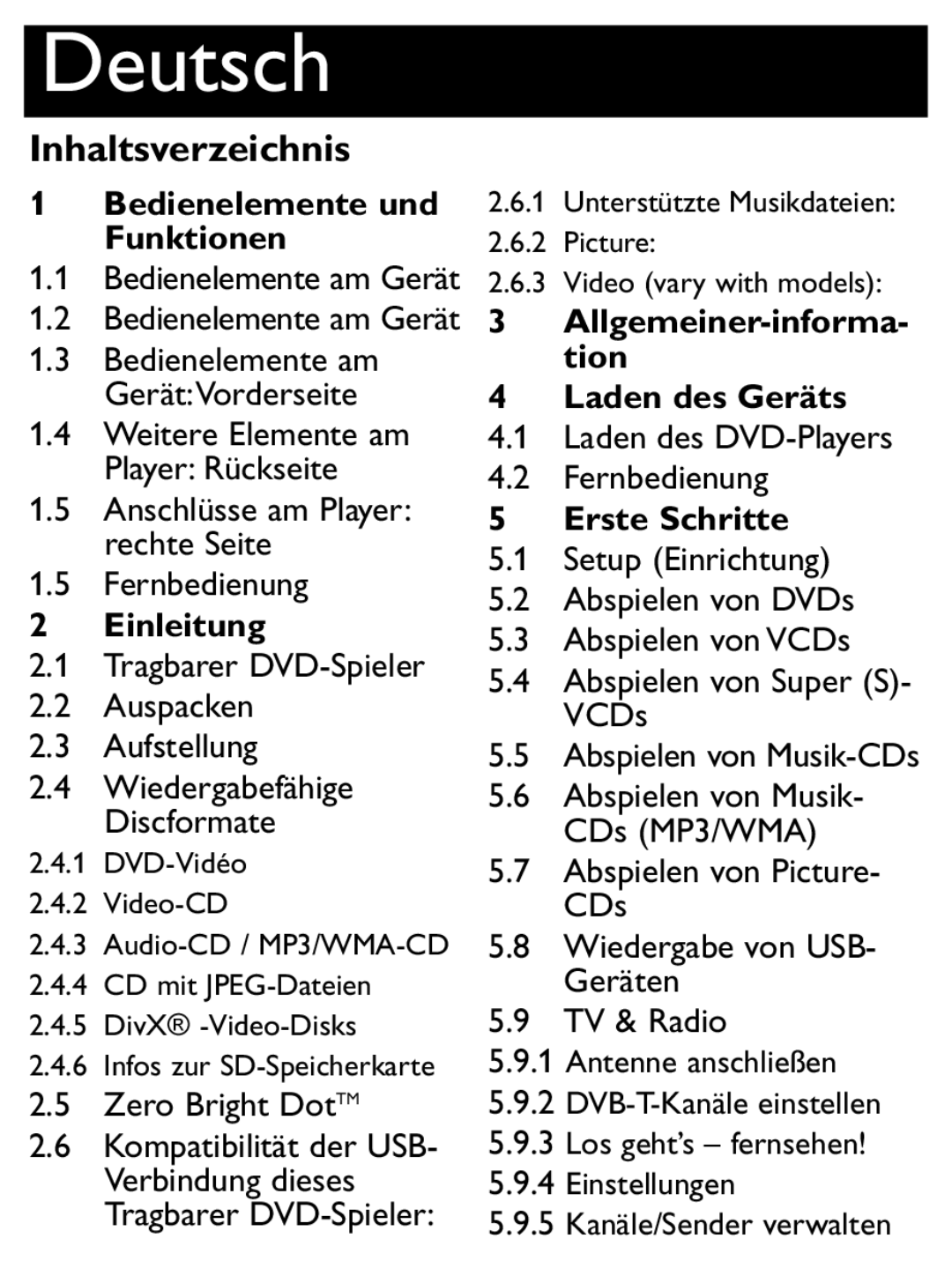 Philips PET1046 manual Inhaltsverzeichnis, Allgemeiner-informa, Abspielen von Musik-CDs 